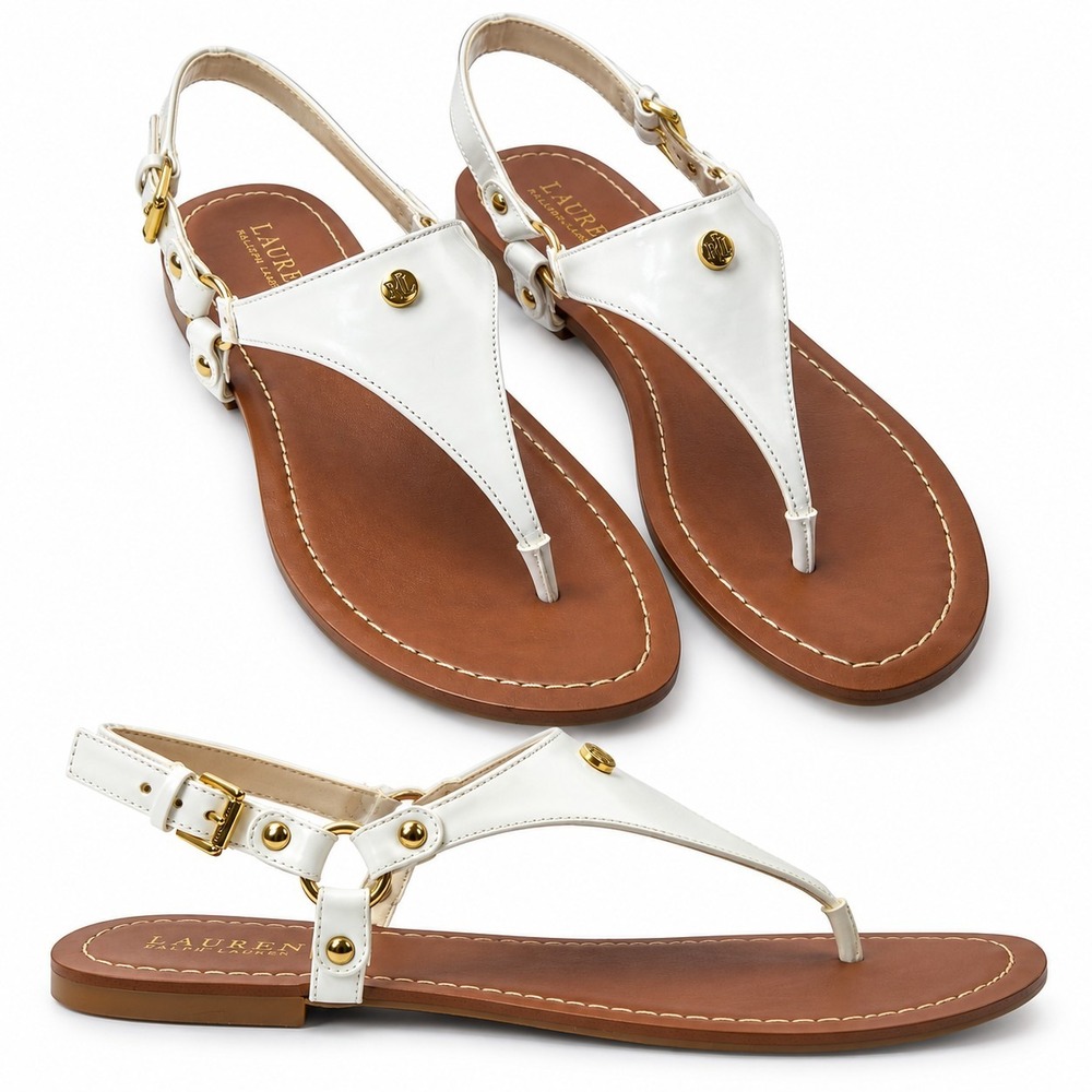 LRL Ralph Lauren "Arima" Thong Sandal Womens Sz 8.5B White Patent Leather Summer